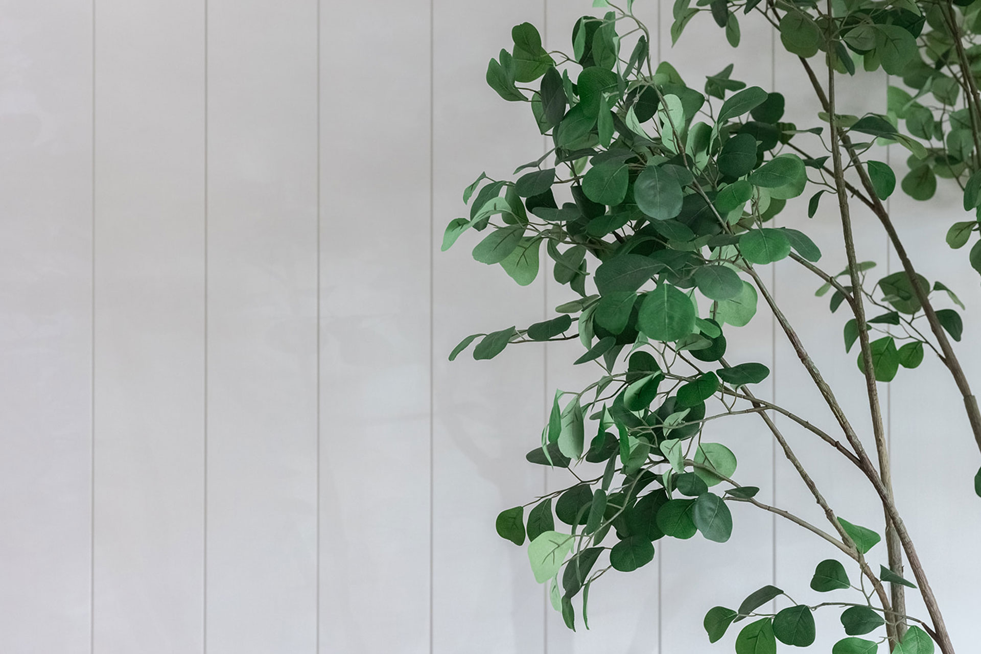 An enchanting image showcasing a beadboard wall tastefully decorated with an elegant indoor faux tree. The lifelike foliage and calming presence of the tree bring the essence of nature indoors, adding a touch of serenity and beauty to the space.